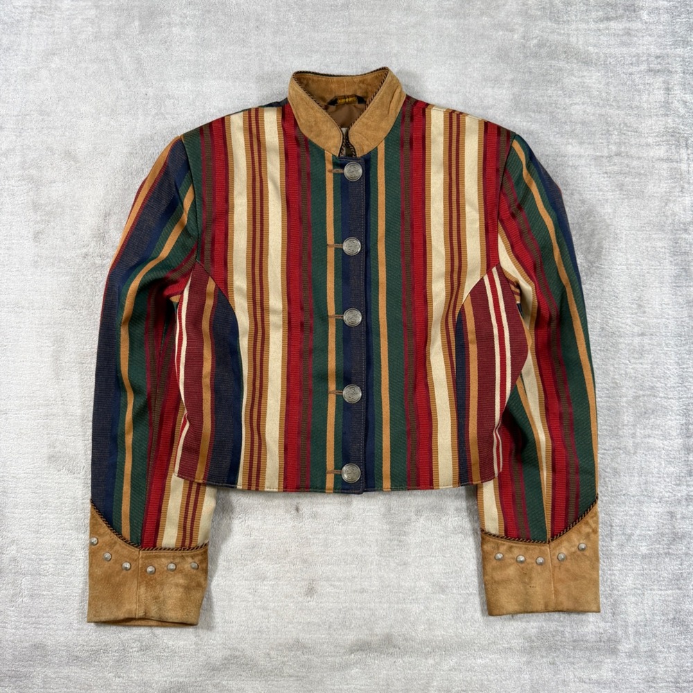Vintage Pioneer Wear Jacket Womens 10 Red Western Stripe Leather Trim USA Made